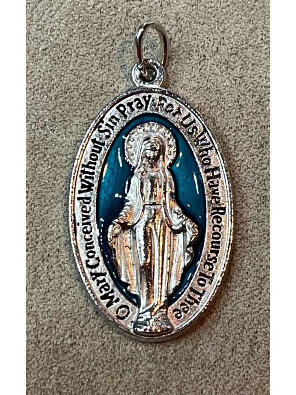 Catholic Blue Enamel Silver Toned Miraculous Medal Pendant